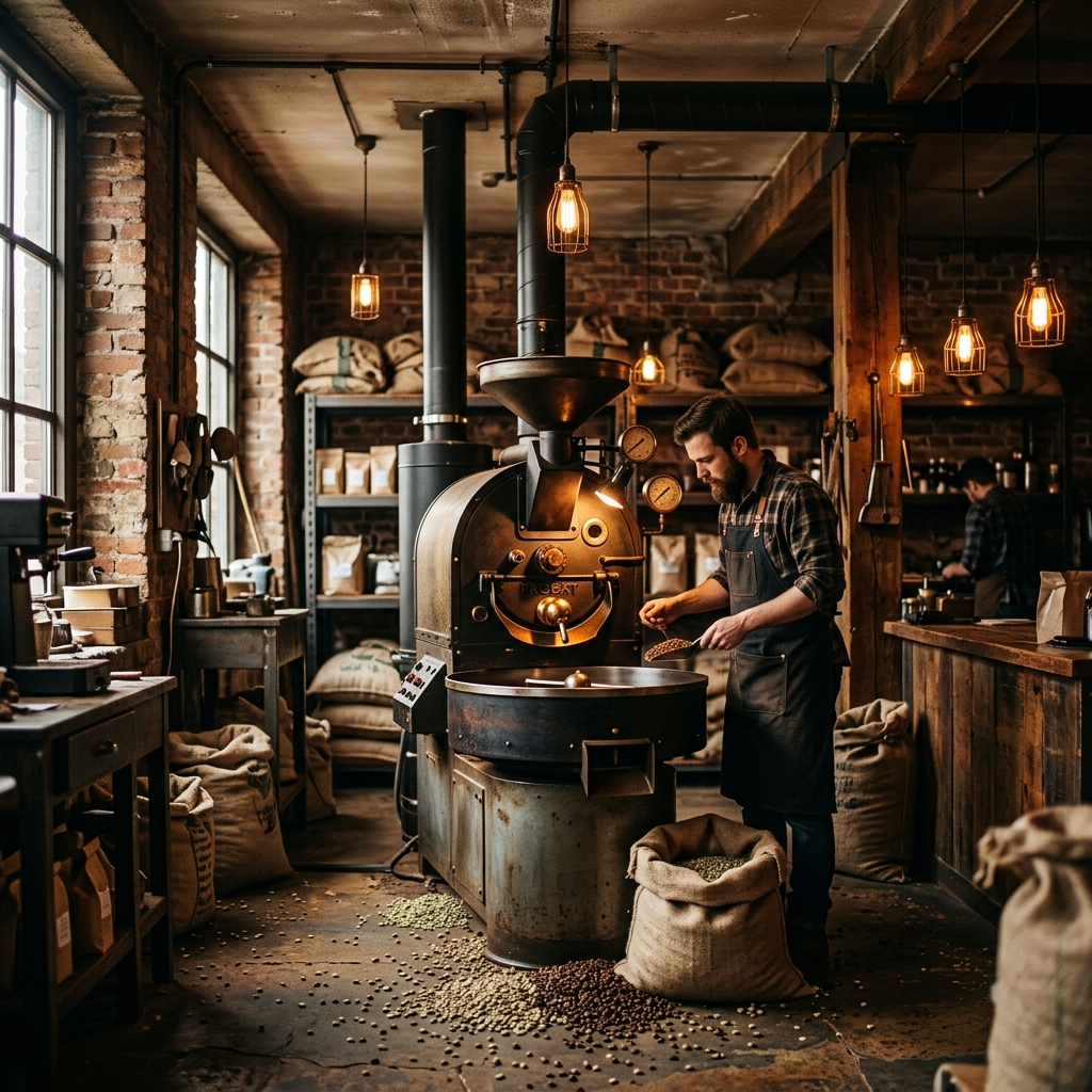 Interior roastery KOPI HITAM dengan nuansa industrial hangat, drum roasting berukuran besar, dan biji kopi berserakan