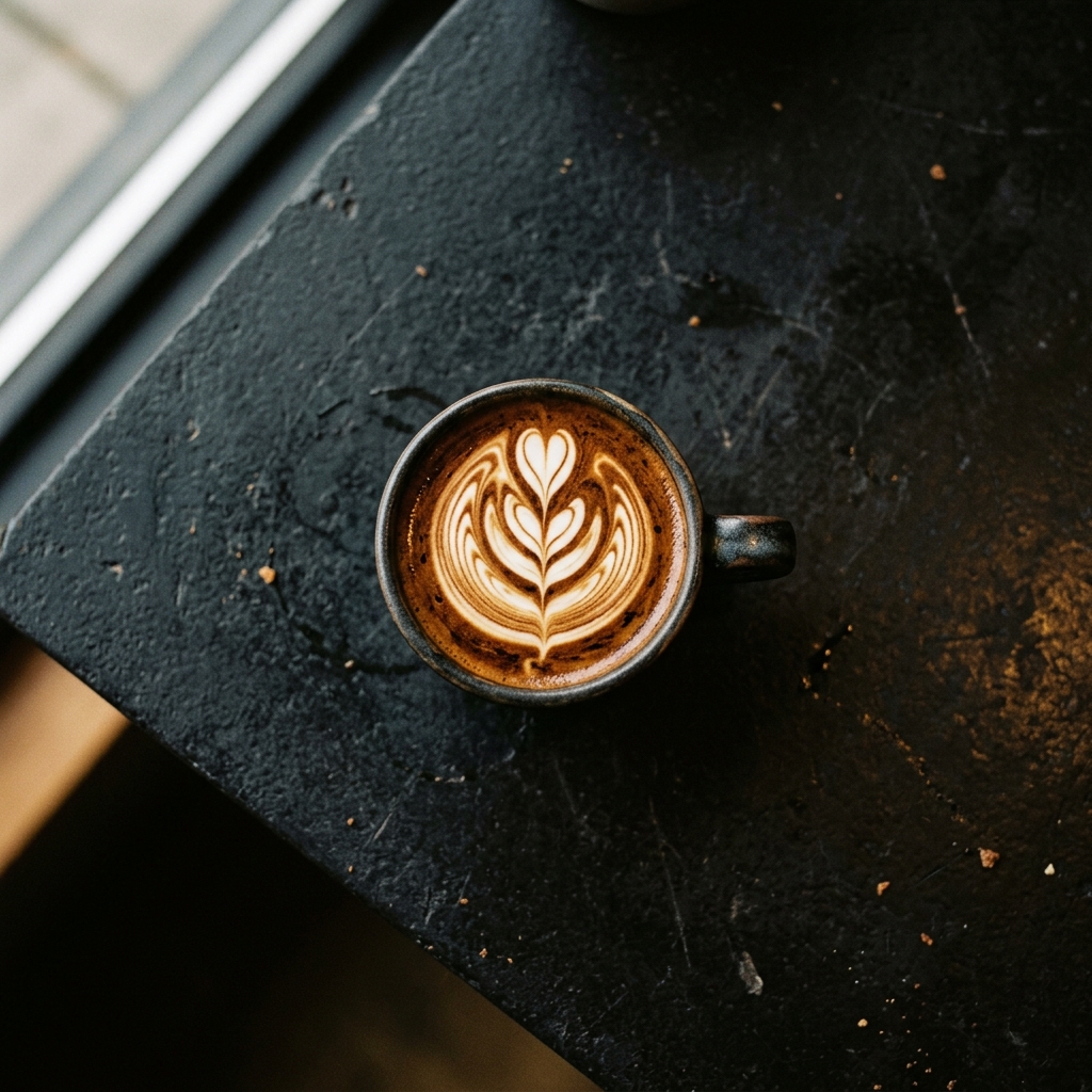 Secangkir espresso dengan latte art yang indah di atas permukaan gelap